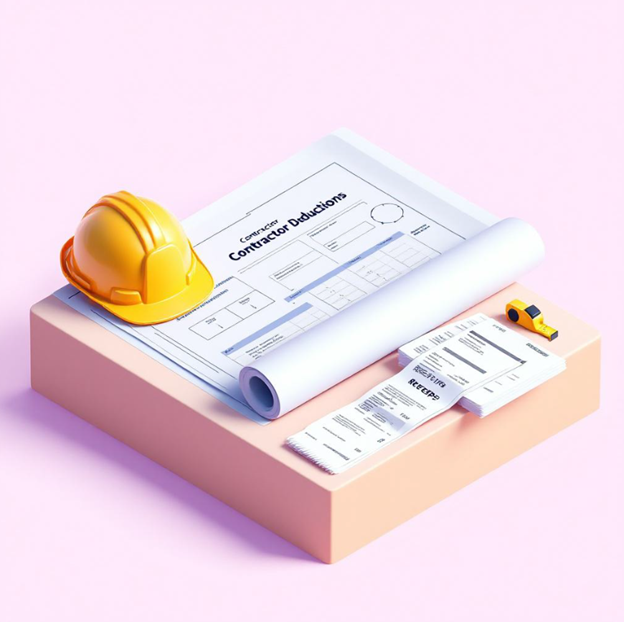 3D illustration of contractor paperwork, hard hat, and receipts showing tax deductions